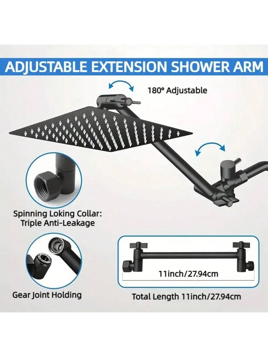 8-Inch High Pressure Rain Shower Head/Handheld Shower Combo With 11-Inch Extension Arm, 5 Adjustable Anti-Leak Shower Heads, Bracket/Hose Included, Height/Angle Adjustable (Black), Home Bathroom Decor