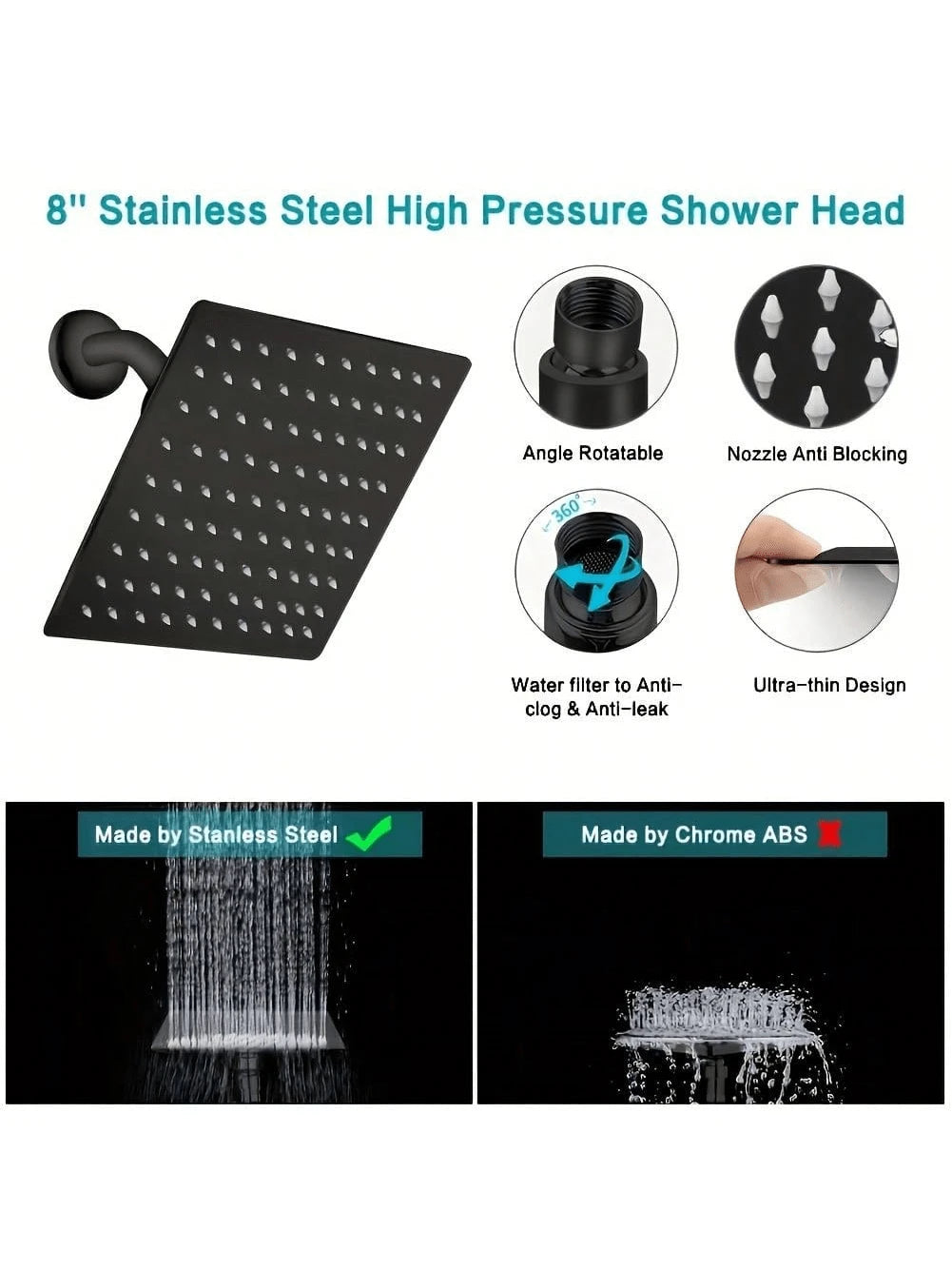 8-Inch High Pressure Rain Shower Head/Handheld Shower Combo With 11-Inch Extension Arm, 5 Adjustable Anti-Leak Shower Heads, Bracket/Hose Included, Height/Angle Adjustable (Black), Home Bathroom Decor