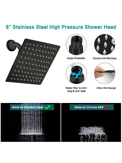 8-Inch High Pressure Rain Shower Head/Handheld Shower Combo With 11-Inch Extension Arm, 5 Adjustable Anti-Leak Shower Heads, Bracket/Hose Included, Height/Angle Adjustable (Black), Home Bathroom Decor