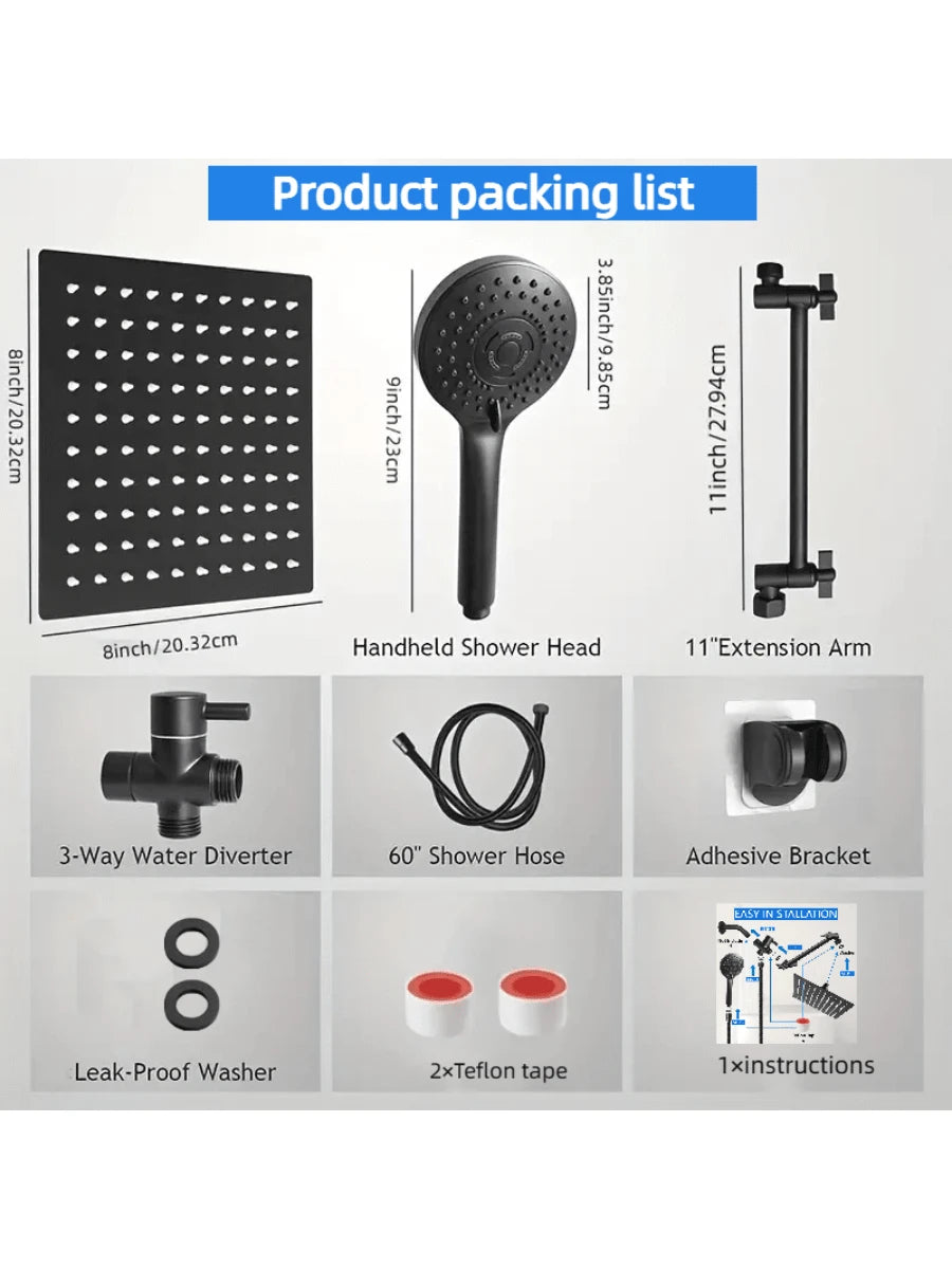 8-Inch High Pressure Rain Shower Head/Handheld Shower Combo With 11-Inch Extension Arm, 5 Adjustable Anti-Leak Shower Heads, Bracket/Hose Included, Height/Angle Adjustable (Black), Home Bathroom Decor