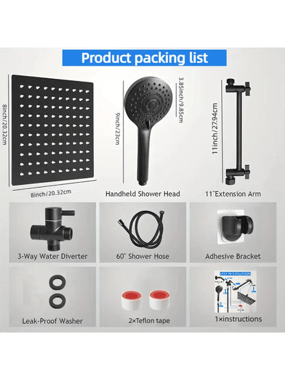 8-Inch High Pressure Rain Shower Head/Handheld Shower Combo With 11-Inch Extension Arm, 5 Adjustable Anti-Leak Shower Heads, Bracket/Hose Included, Height/Angle Adjustable (Black), Home Bathroom Decor