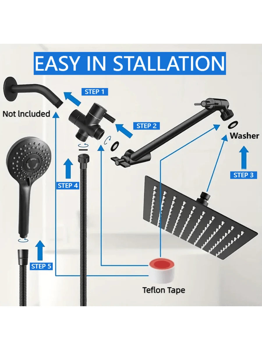 8-Inch High Pressure Rain Shower Head/Handheld Shower Combo With 11-Inch Extension Arm, 5 Adjustable Anti-Leak Shower Heads, Bracket/Hose Included, Height/Angle Adjustable (Black), Home Bathroom Decor