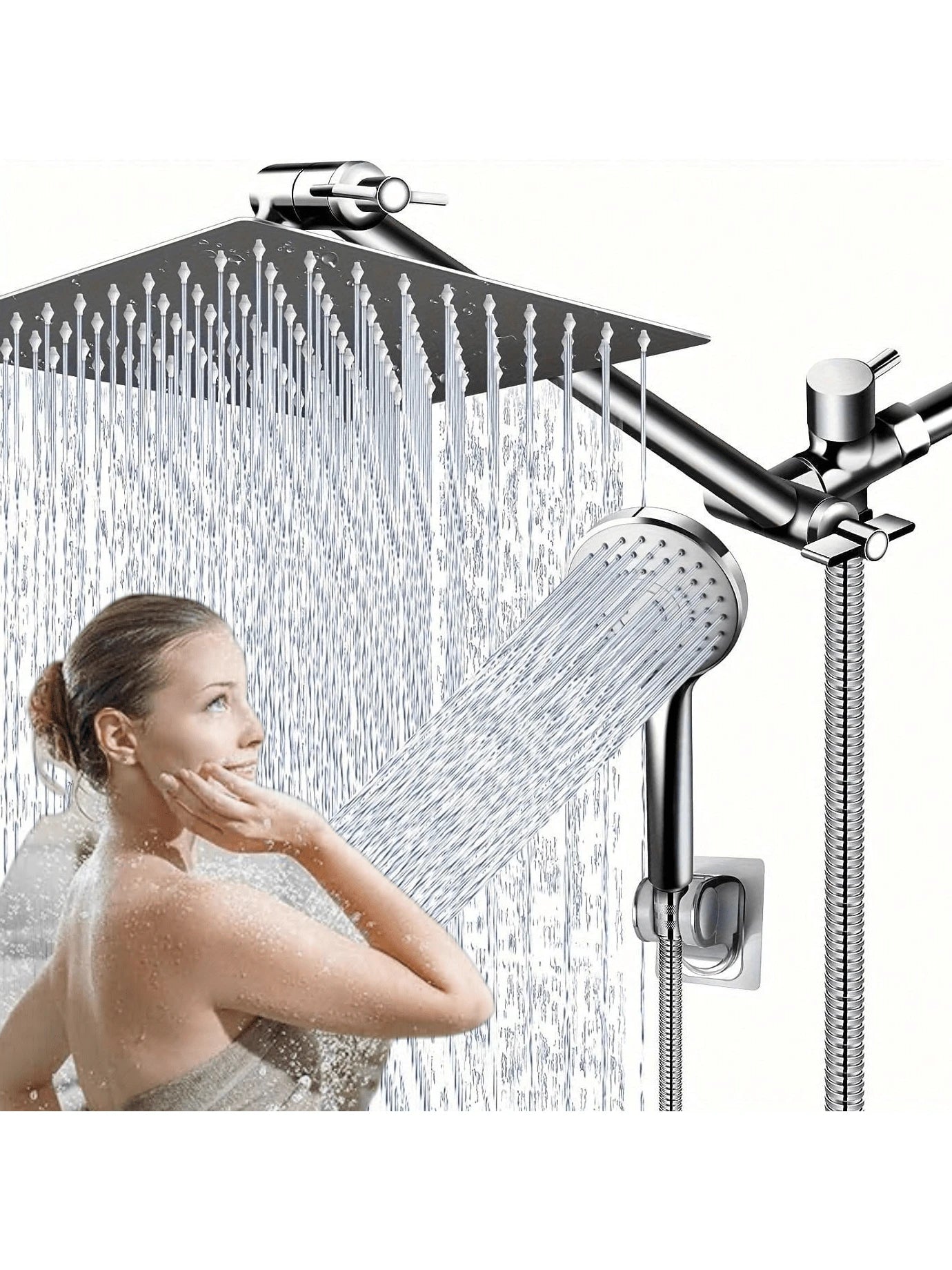 8-Inch High Pressure Rain Shower Head/Handheld Shower Combo With 11-Inch Extension Arm, 5 Adjustable Anti-Leak Shower Heads, Bracket/Hose Included, Height/Angle Adjustable (Black), Home Bathroom Decor
