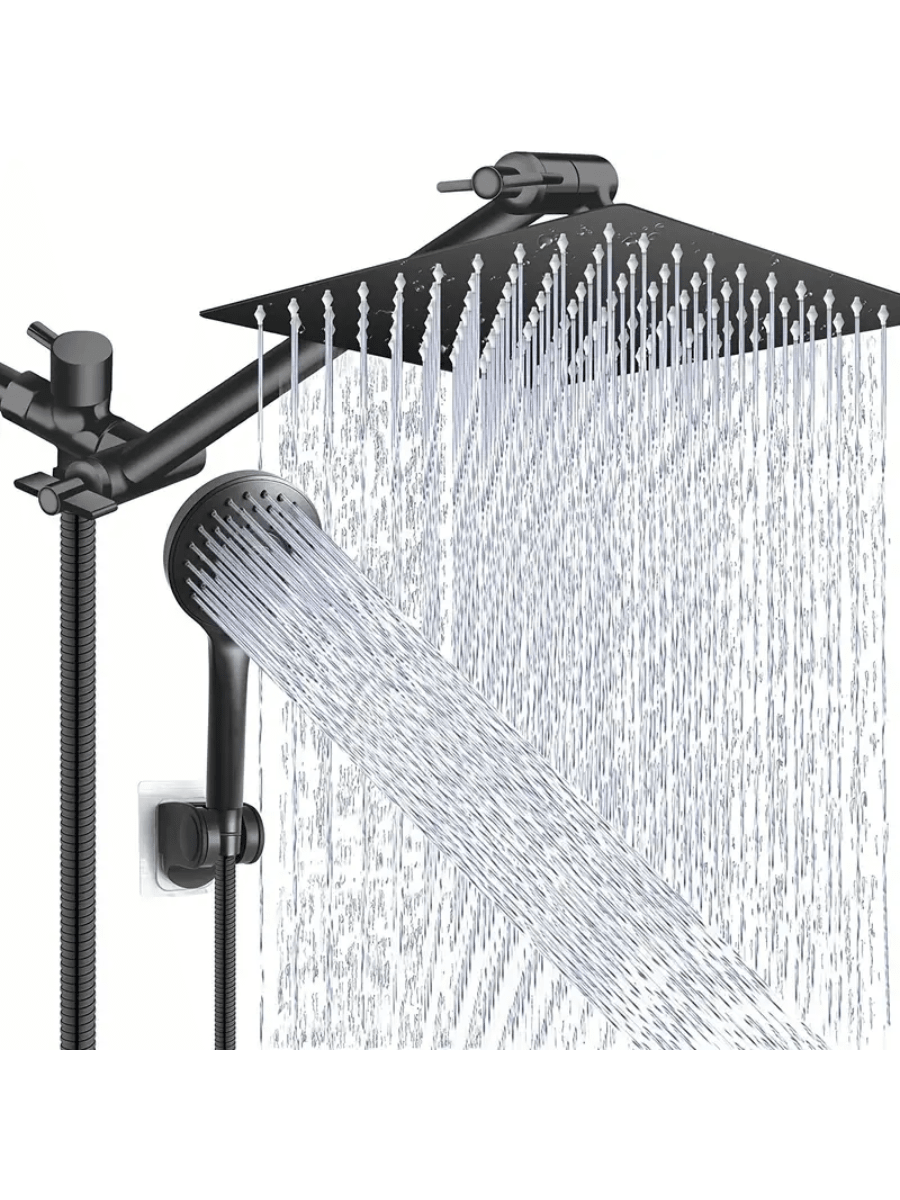 8-Inch High Pressure Rain Shower Head/Handheld Shower Combo With 11-Inch Extension Arm, 5 Adjustable Anti-Leak Shower Heads, Bracket/Hose Included, Height/Angle Adjustable (Black), Home Bathroom Decor