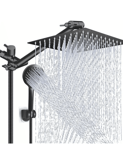 8-Inch High Pressure Rain Shower Head/Handheld Shower Combo With 11-Inch Extension Arm, 5 Adjustable Anti-Leak Shower Heads, Bracket/Hose Included, Height/Angle Adjustable (Black), Home Bathroom Decor