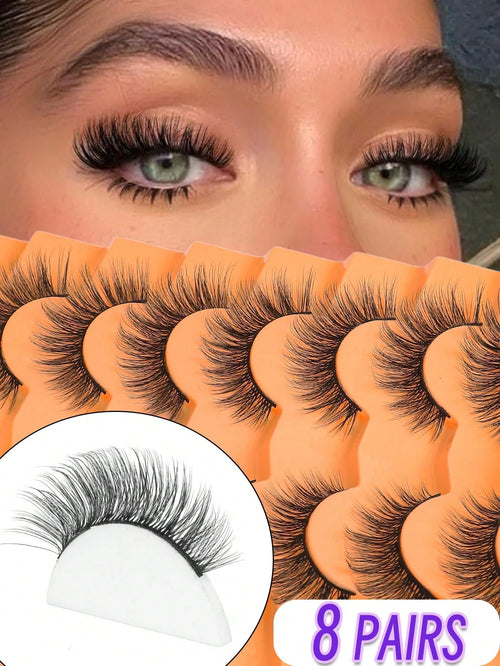 8 Pairs 3D Fluffy Thin Natural Wet Look Cat Eye Effect Faux Mink False Eyelashes, Dramatic Style Eyelash Extensions Makeup Tool