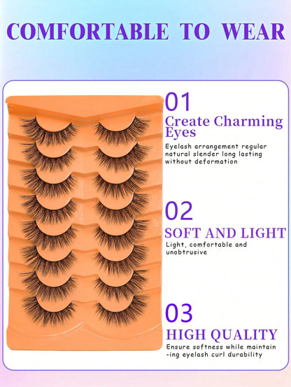 8 Pairs 3D Fluffy Thin Natural Wet Look Cat Eye Effect Faux Mink False Eyelashes, Dramatic Style Eyelash Extensions Makeup Tool