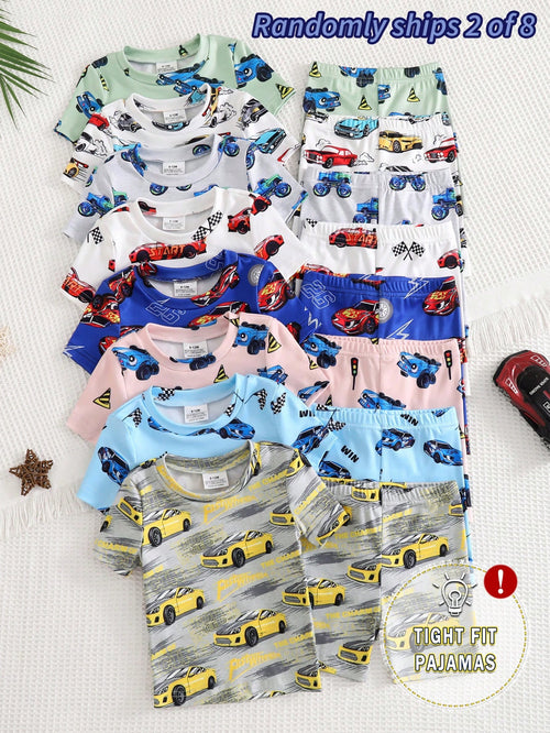8 Sets Randomly Sent 2 Sets]Baby Boys Pajamas Cute Dinosaur Ocean Creature Astronaut Print Short Sleeve Shorts Knit Comfortable Soft Snug Fit Pajama Loungewear Set