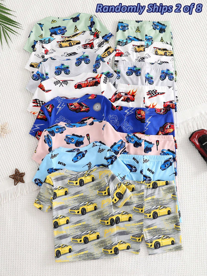 8 Sets Randomly Sent 2 Sets]Baby Boys Pajamas Cute Dinosaur Ocean Creature Astronaut Print Short Sleeve Shorts Knit Comfortable Soft Snug Fit Pajama Loungewear Set