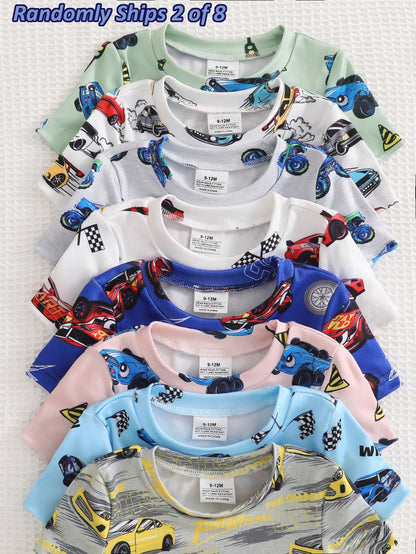 8 Sets Randomly Sent 2 Sets]Baby Boys Pajamas Cute Dinosaur Ocean Creature Astronaut Print Short Sleeve Shorts Knit Comfortable Soft Snug Fit Pajama Loungewear Set
