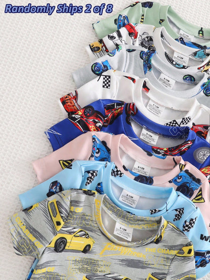 8 Sets Randomly Sent 2 Sets]Baby Boys Pajamas Cute Dinosaur Ocean Creature Astronaut Print Short Sleeve Shorts Knit Comfortable Soft Snug Fit Pajama Loungewear Set