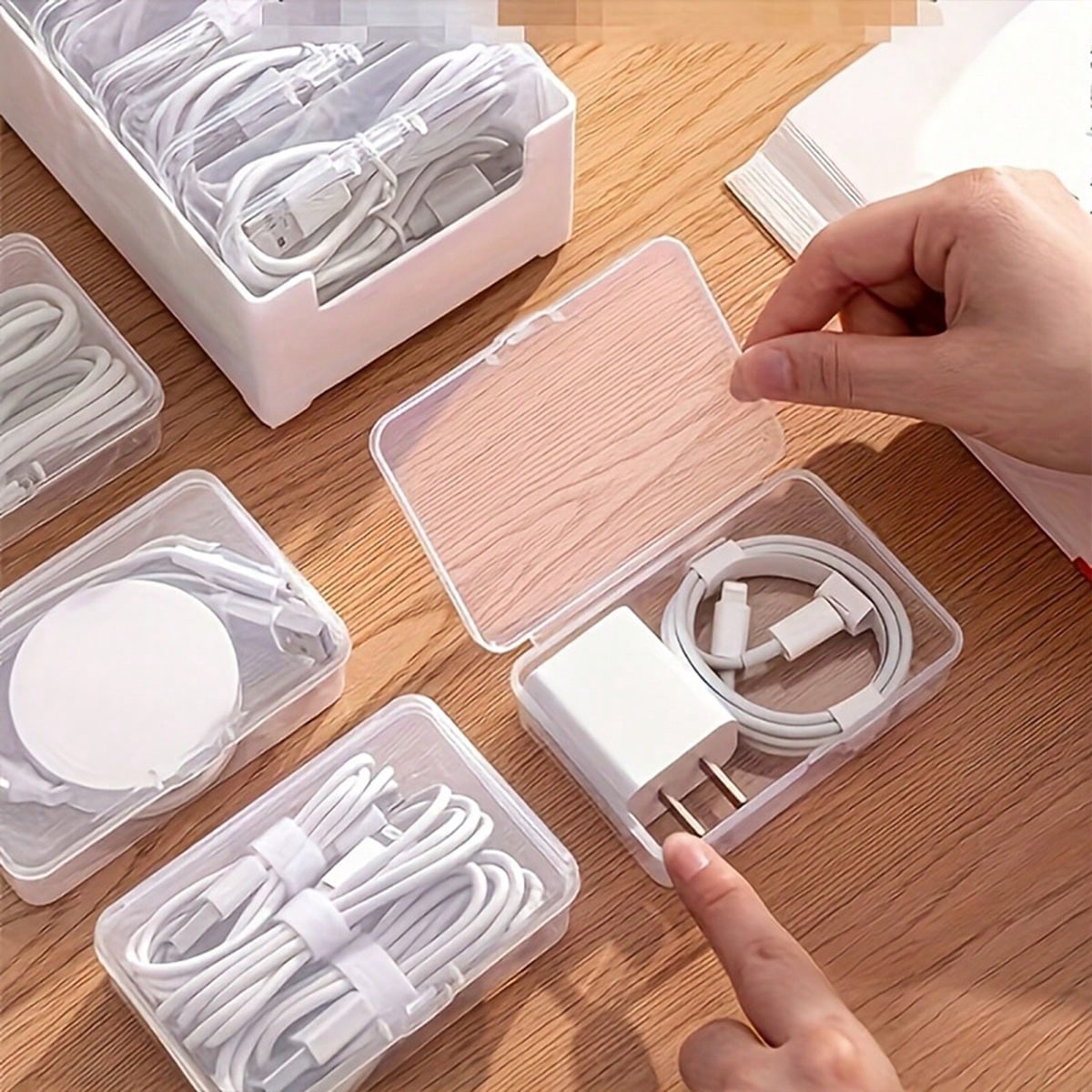 8Pcs/1pc Transparent Data Cable Storage Box, Freely Combinable Small Accessory Filled Dustproof Classification Storage Box, Charger Bracket, Cable Management Desk, Transparent Container, Suitable For