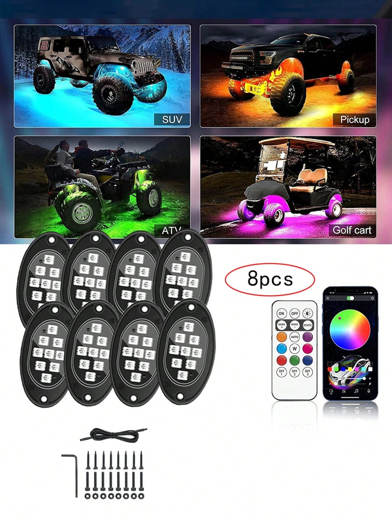 8Pods RGB LED Rock Lights For Truck Wired Atmosphere Lights Golf Cart ATV UTV RZR SUV Offroad Pickup, Multicolor Underglow Kit For Car With APP Music Mode, Underbody Neon Light Vehicle Underneath Acce
