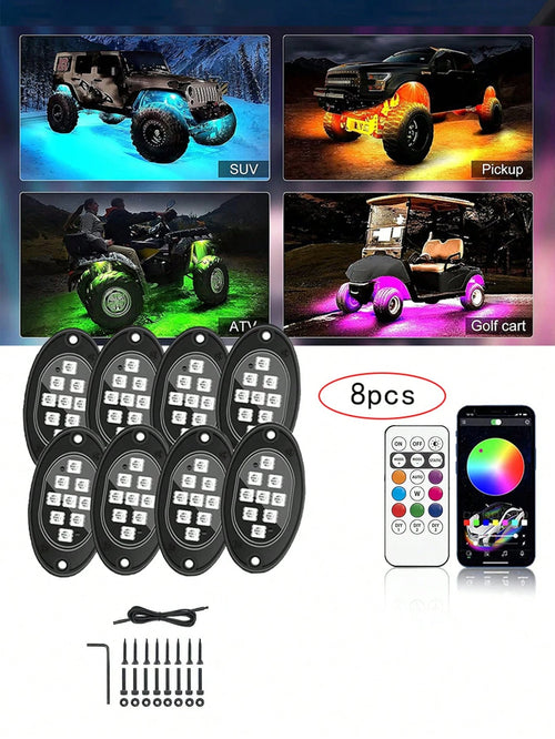8Pods RGB LED Rock Lights For Truck Wired Atmosphere Lights Golf Cart ATV UTV RZR SUV Offroad Pickup, Multicolor Underglow Kit For Car With APP Music Mode, Underbody Neon Light Vehicle Underneath Acce