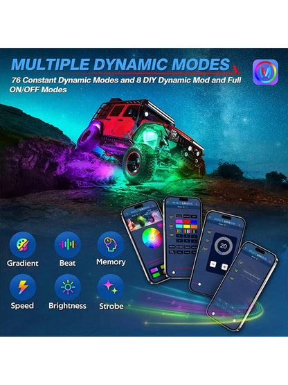 8Pods RGB LED Rock Lights For Truck Wired Atmosphere Lights Golf Cart ATV UTV RZR SUV Offroad Pickup, Multicolor Underglow Kit For Car With APP Music Mode, Underbody Neon Light Vehicle Underneath Acce