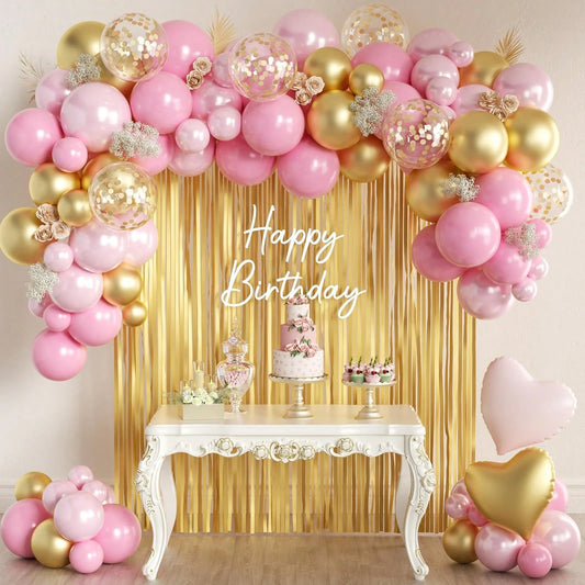 98pcs Pink & Gold Balloon Arch Garland Kit With Gold Tassel Curtain, Suitable For Boys, Girls, Ladies, Princess, Engagement, Bride, Baby Shower, Birthday Party Decoration