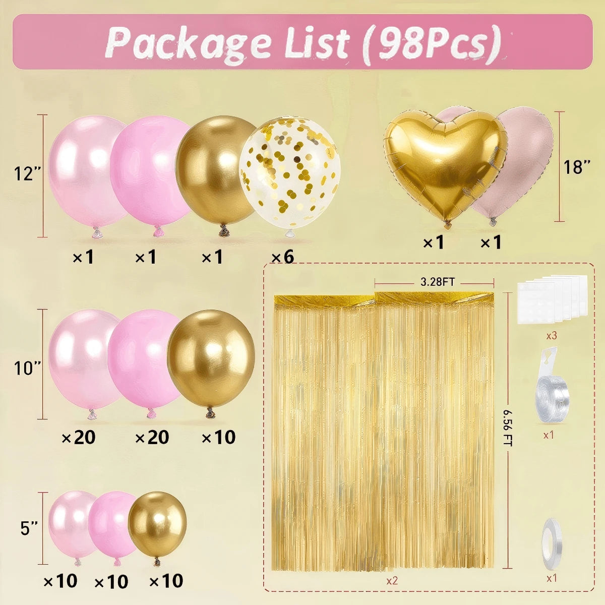 98pcs Pink & Gold Balloon Arch Garland Kit With Gold Tassel Curtain, Suitable For Boys, Girls, Ladies, Princess, Engagement, Bride, Baby Shower, Birthday Party Decoration