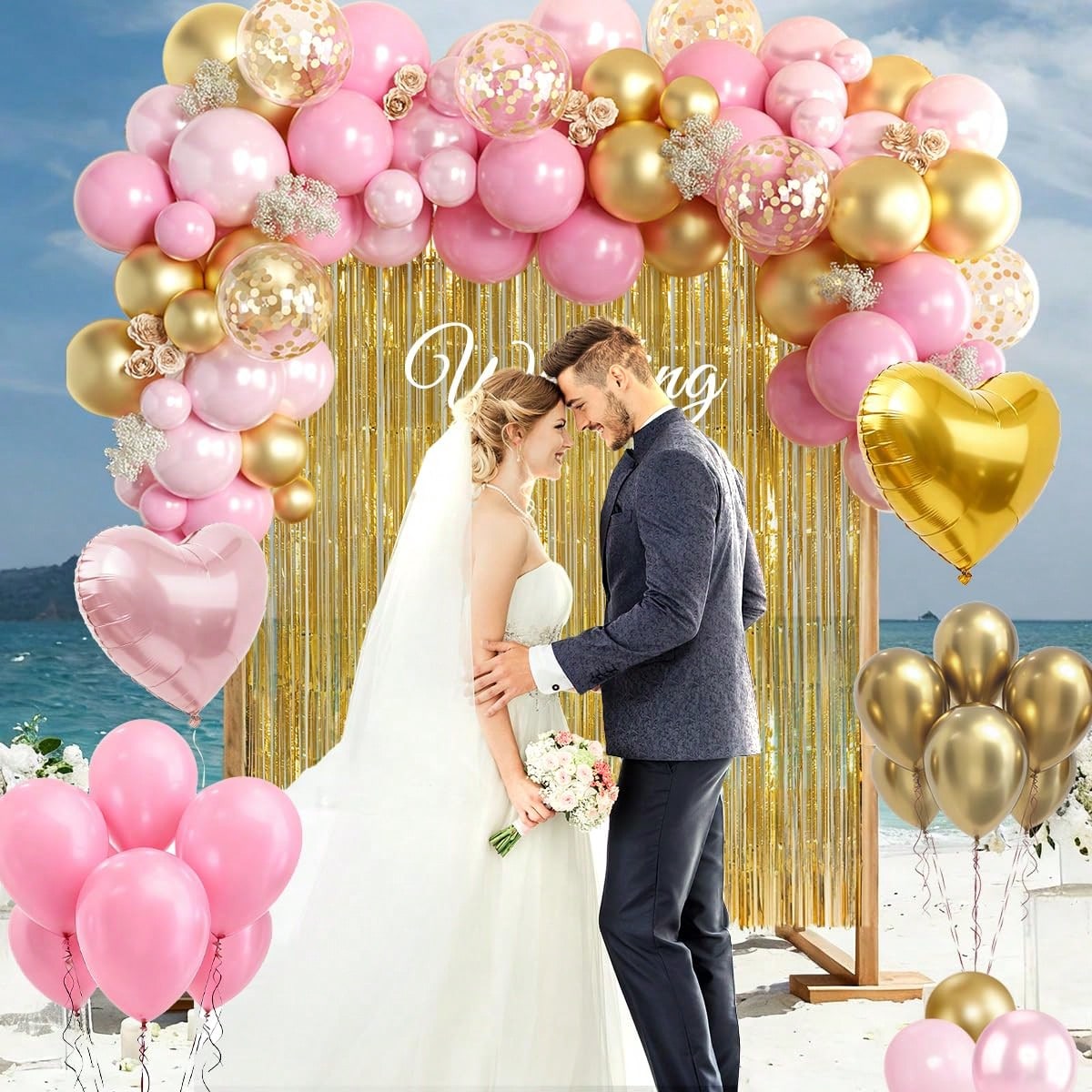 98pcs Pink & Gold Balloon Arch Garland Kit With Gold Tassel Curtain, Suitable For Boys, Girls, Ladies, Princess, Engagement, Bride, Baby Shower, Birthday Party Decoration