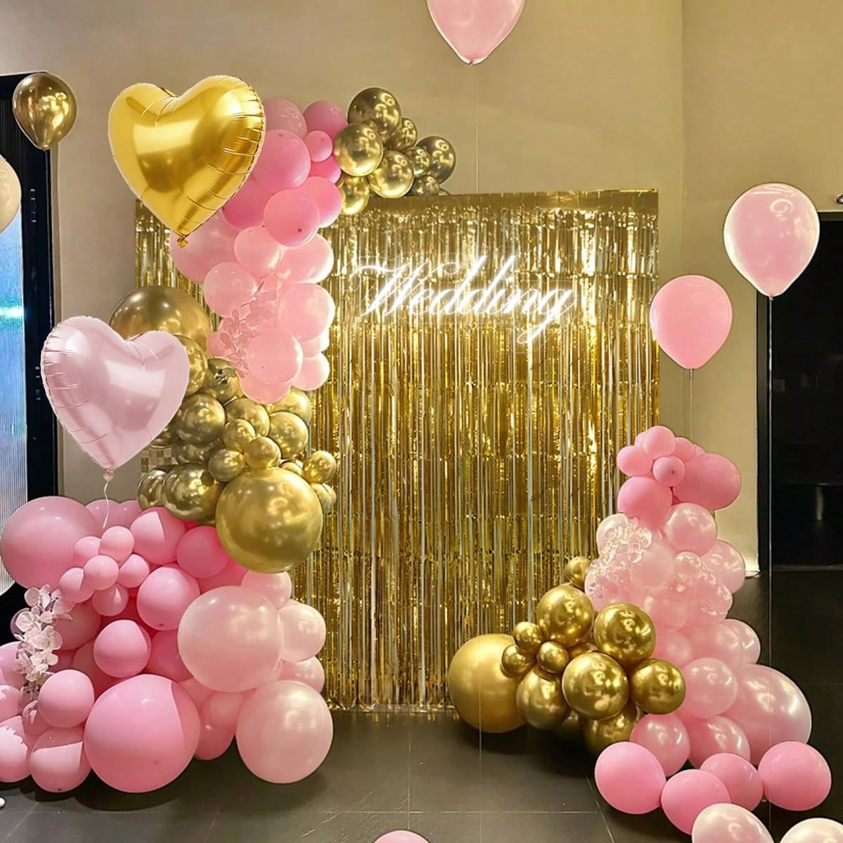 98pcs Pink & Gold Balloon Arch Garland Kit With Gold Tassel Curtain, Suitable For Boys, Girls, Ladies, Princess, Engagement, Bride, Baby Shower, Birthday Party Decoration