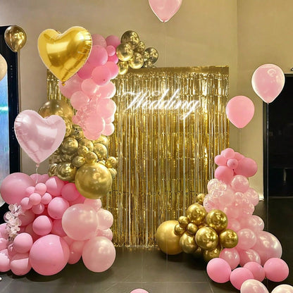 98pcs Pink & Gold Balloon Arch Garland Kit With Gold Tassel Curtain, Suitable For Boys, Girls, Ladies, Princess, Engagement, Bride, Baby Shower, Birthday Party Decoration
