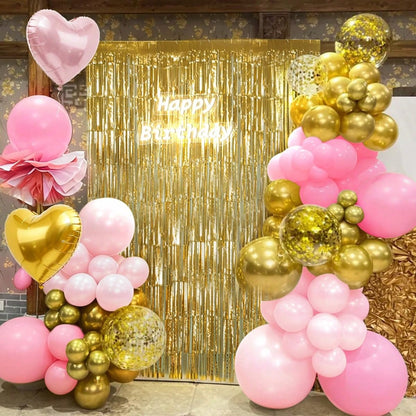 98pcs Pink & Gold Balloon Arch Garland Kit With Gold Tassel Curtain, Suitable For Boys, Girls, Ladies, Princess, Engagement, Bride, Baby Shower, Birthday Party Decoration