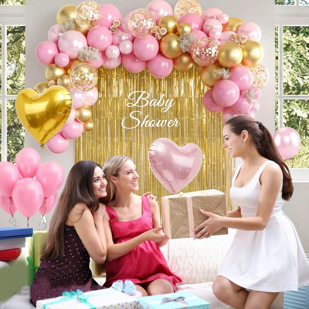 98pcs Pink & Gold Balloon Arch Garland Kit With Gold Tassel Curtain, Suitable For Boys, Girls, Ladies, Princess, Engagement, Bride, Baby Shower, Birthday Party Decoration