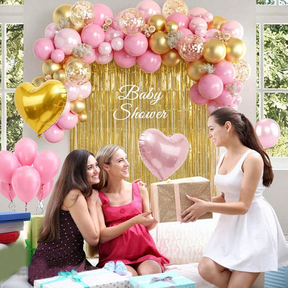 98pcs Pink & Gold Balloon Arch Garland Kit With Gold Tassel Curtain, Suitable For Boys, Girls, Ladies, Princess, Engagement, Bride, Baby Shower, Birthday Party Decoration