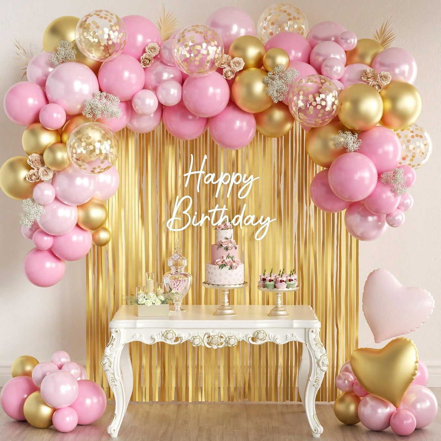 98pcs Pink & Gold Balloon Arch Garland Kit With Gold Tassel Curtain, Suitable For Boys, Girls, Ladies, Princess, Engagement, Bride, Baby Shower, Birthday Party Decoration