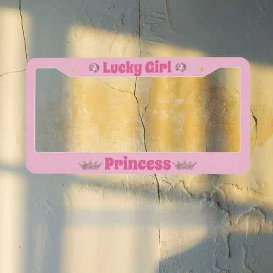 A Lucky Girl With Princess License Plate Frame, Featuring A Heart Shape And Bow- Pink Durable Aluminum Car Number Plate Holder, Comes With Screws For Easy Installation, Provides A Stable Structure Fo