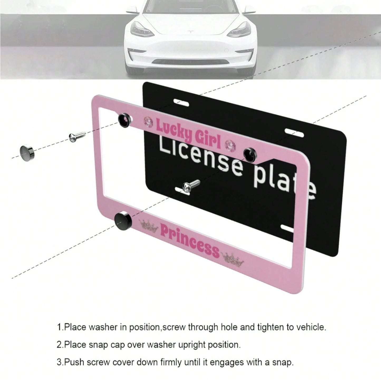 A Lucky Girl With Princess License Plate Frame, Featuring A Heart Shape And Bow- Pink Durable Aluminum Car Number Plate Holder, Comes With Screws For Easy Installation, Provides A Stable Structure Fo