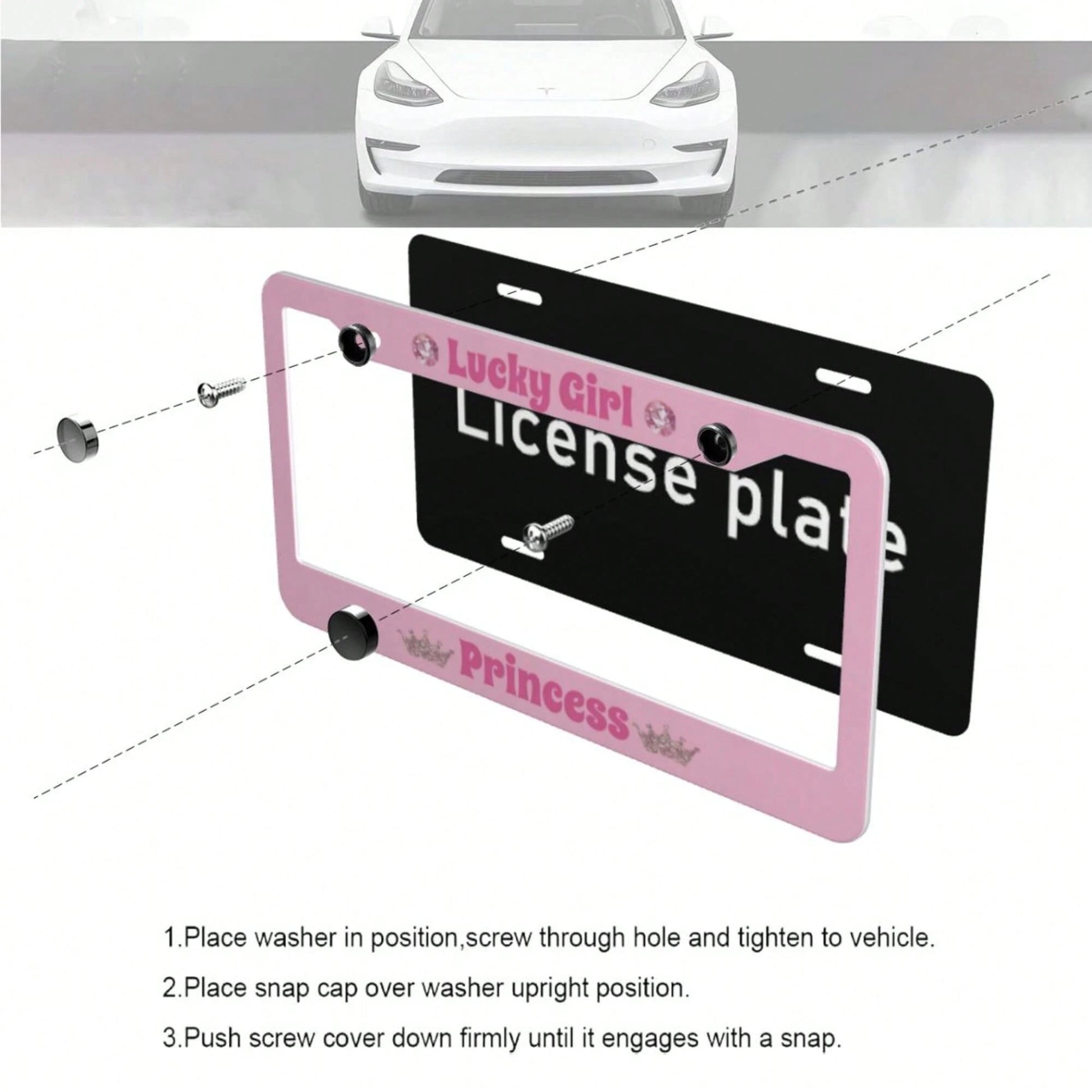 A Lucky Girl With Princess License Plate Frame, Featuring A Heart Shape And Bow- Pink Durable Aluminum Car Number Plate Holder, Comes With Screws For Easy Installation, Provides A Stable Structure Fo