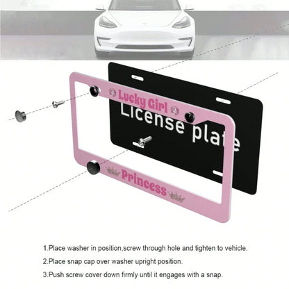 A Lucky Girl With Princess License Plate Frame, Featuring A Heart Shape And Bow- Pink Durable Aluminum Car Number Plate Holder, Comes With Screws For Easy Installation, Provides A Stable Structure Fo