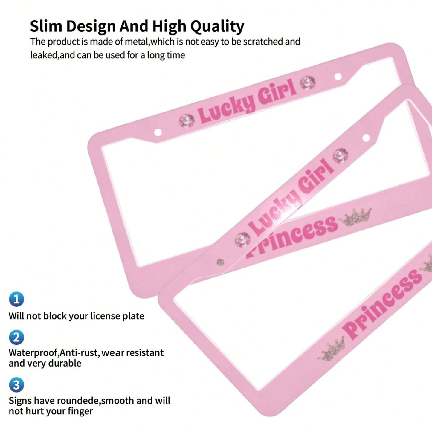 A Lucky Girl With Princess License Plate Frame, Featuring A Heart Shape And Bow- Pink Durable Aluminum Car Number Plate Holder, Comes With Screws For Easy Installation, Provides A Stable Structure Fo
