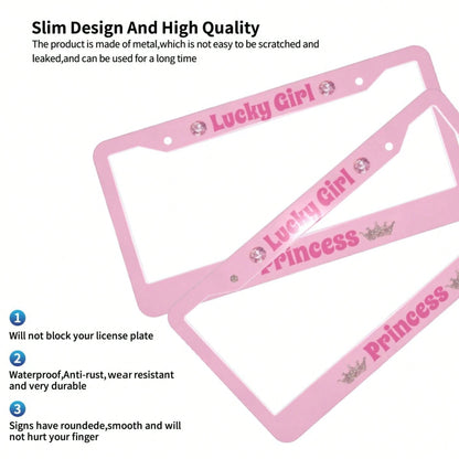 A Lucky Girl With Princess License Plate Frame, Featuring A Heart Shape And Bow- Pink Durable Aluminum Car Number Plate Holder, Comes With Screws For Easy Installation, Provides A Stable Structure Fo
