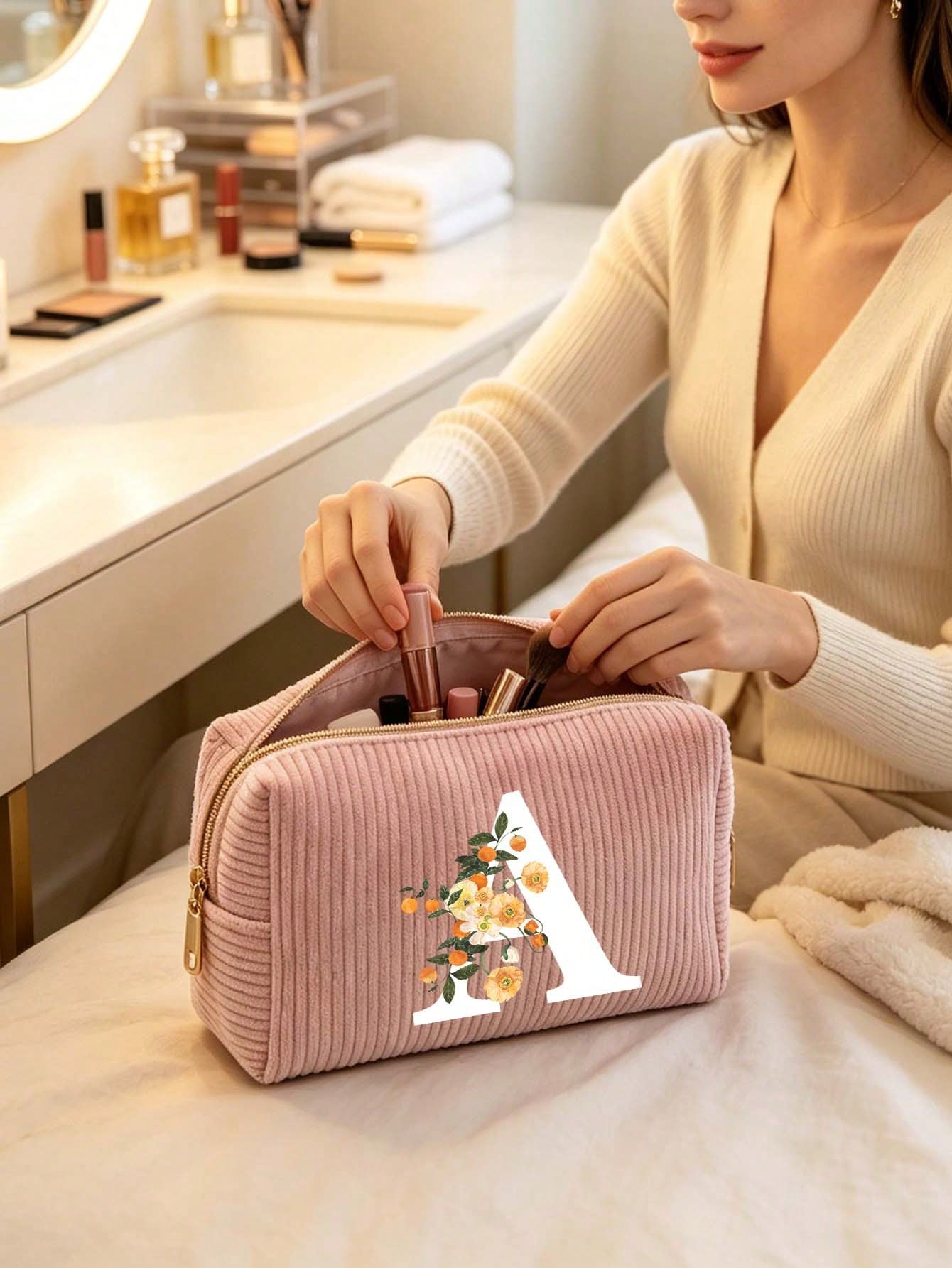 A-Z Pink Letter Corduroy Makeup Bag, Foldable Large Capacity Cosmetic Storage Bag With Smooth Zipper, Portable Personalized Toiletry Bag, Pink And White Letter Design Storage Bag, Suitable For Back To