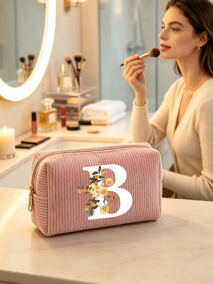 A-Z Pink Letter Corduroy Makeup Bag, Foldable Large Capacity Cosmetic Storage Bag With Smooth Zipper, Portable Personalized Toiletry Bag, Pink And White Letter Design Storage Bag, Suitable For Back To