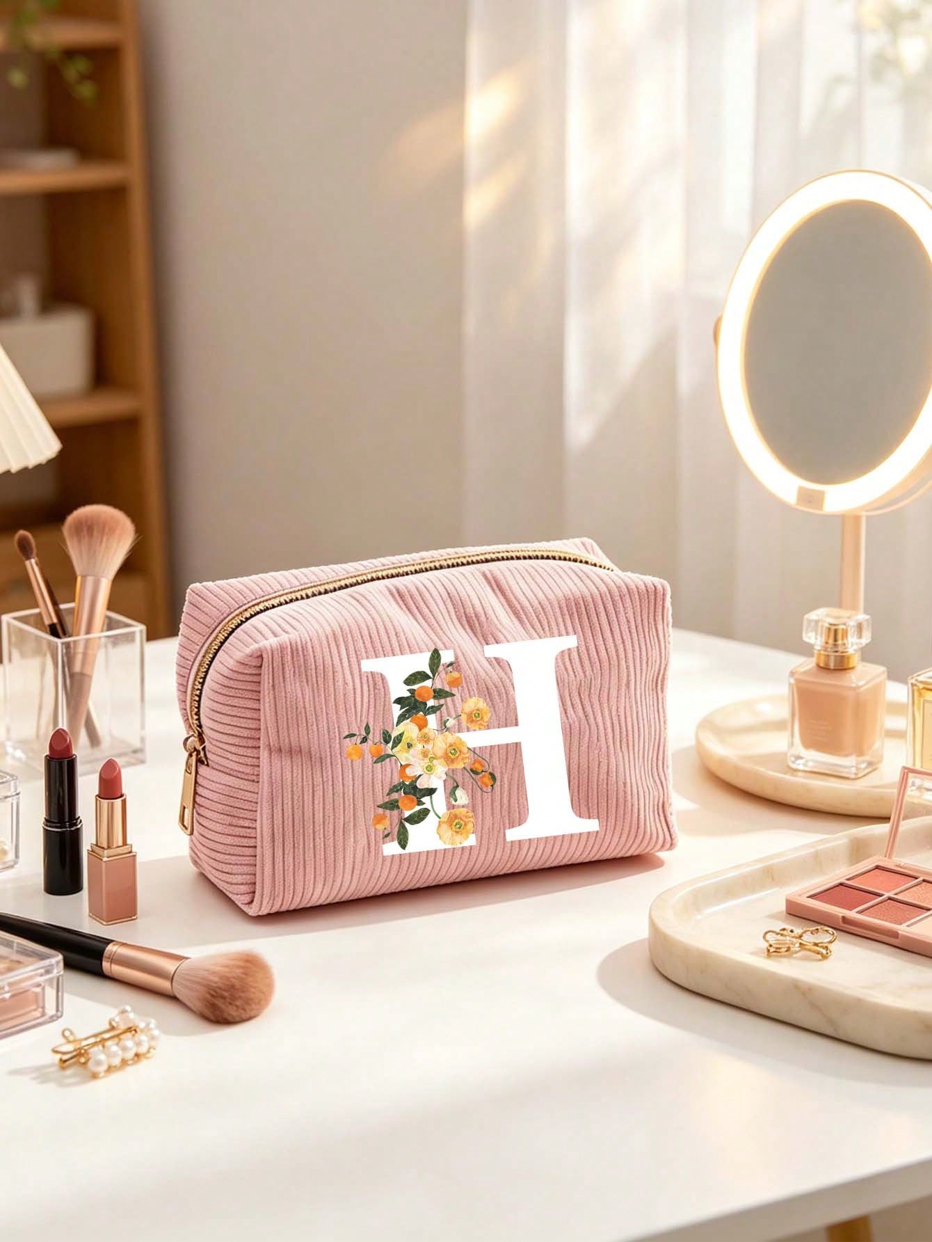 A-Z Pink Letter Corduroy Makeup Bag, Foldable Large Capacity Cosmetic Storage Bag With Smooth Zipper, Portable Personalized Toiletry Bag, Pink And White Letter Design Storage Bag, Suitable For Back To