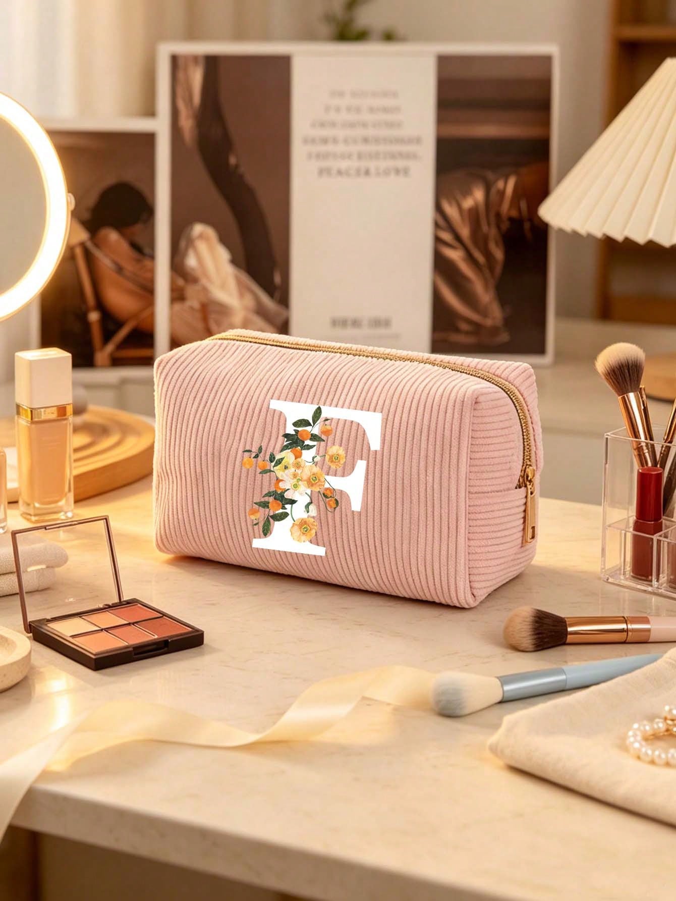A-Z Pink Letter Corduroy Makeup Bag, Foldable Large Capacity Cosmetic Storage Bag With Smooth Zipper, Portable Personalized Toiletry Bag, Pink And White Letter Design Storage Bag, Suitable For Back To