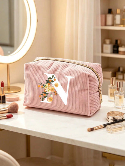 A-Z Pink Letter Corduroy Makeup Bag, Foldable Large Capacity Cosmetic Storage Bag With Smooth Zipper, Portable Personalized Toiletry Bag, Pink And White Letter Design Storage Bag, Suitable For Back To