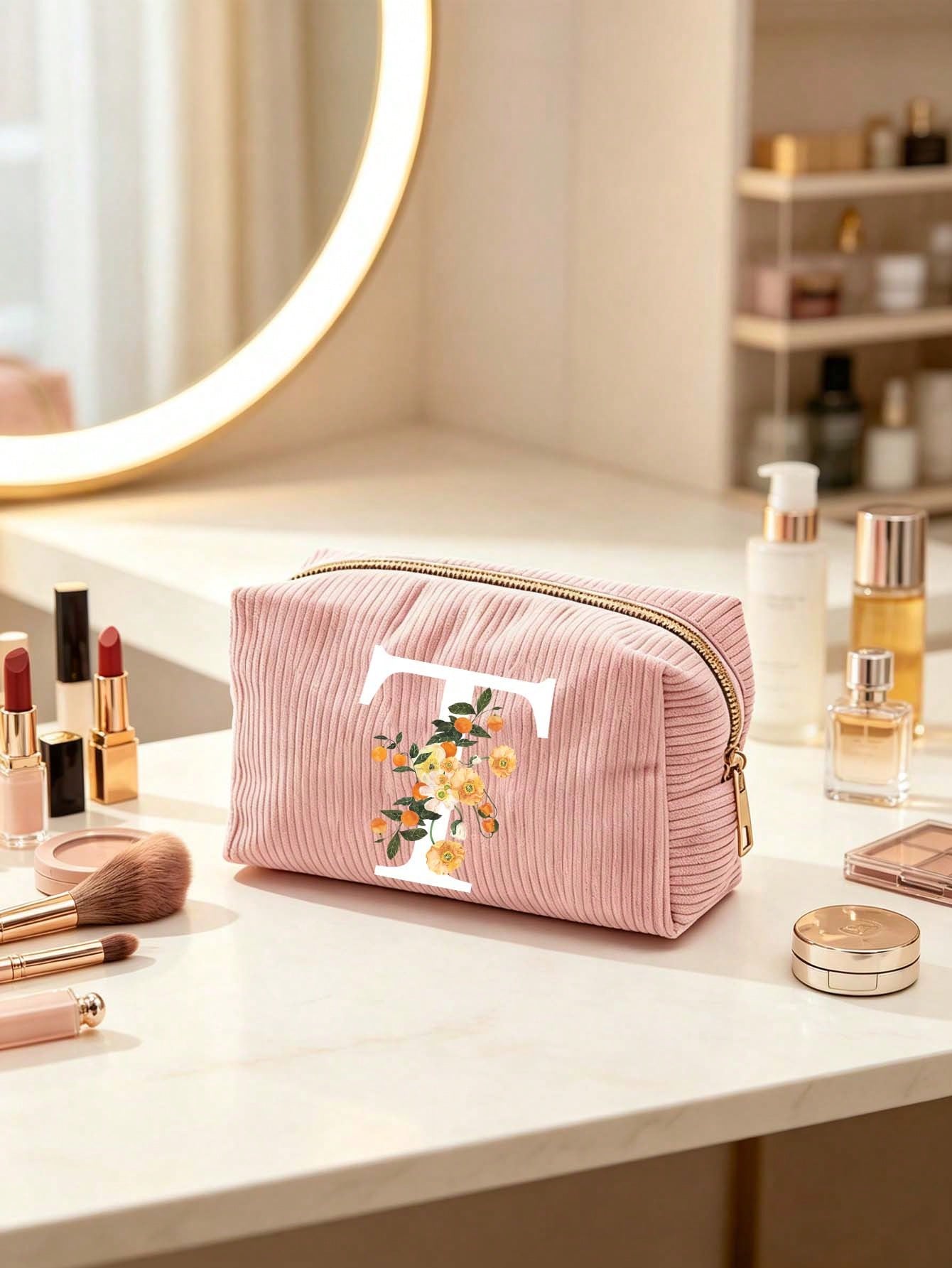 A-Z Pink Letter Corduroy Makeup Bag, Foldable Large Capacity Cosmetic Storage Bag With Smooth Zipper, Portable Personalized Toiletry Bag, Pink And White Letter Design Storage Bag, Suitable For Back To