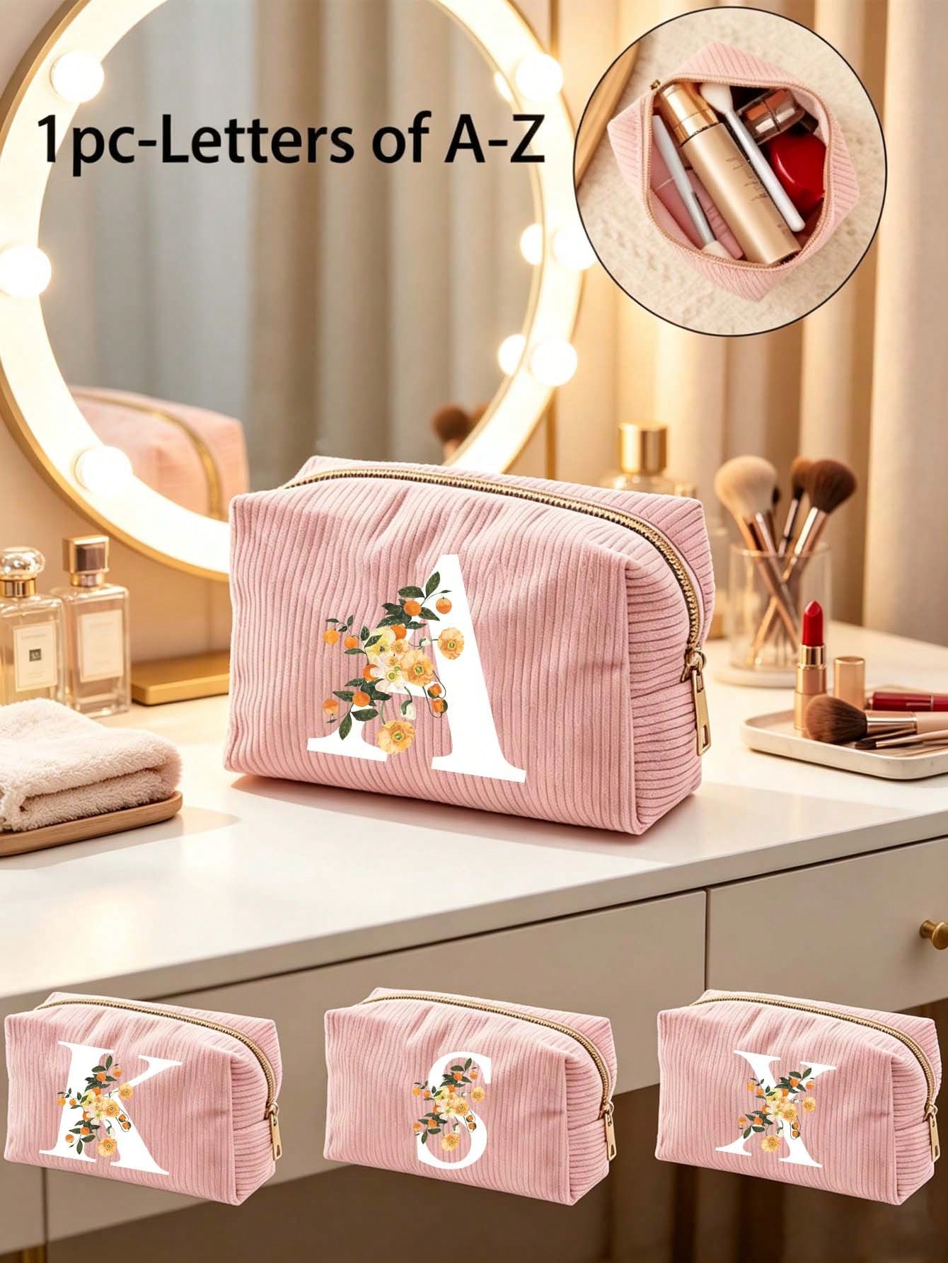 A-Z Pink Letter Corduroy Makeup Bag, Foldable Large Capacity Cosmetic Storage Bag With Smooth Zipper, Portable Personalized Toiletry Bag, Pink And White Letter Design Storage Bag, Suitable For Back To
