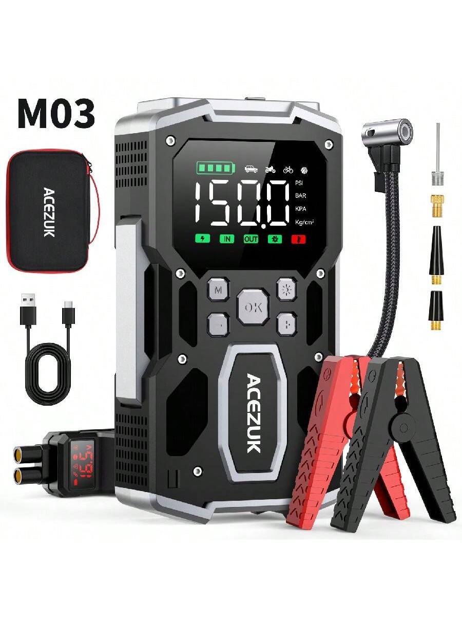 ACEZUK Portable Car Jump Starter With Air Compressor, ACEZUK 150PSI 5000A Jump Starter (All Gas/10.0L ), 12V Car Battery Jump Box Car Battery Jumper Starter With 3.4" LCD Display, 2 Lights