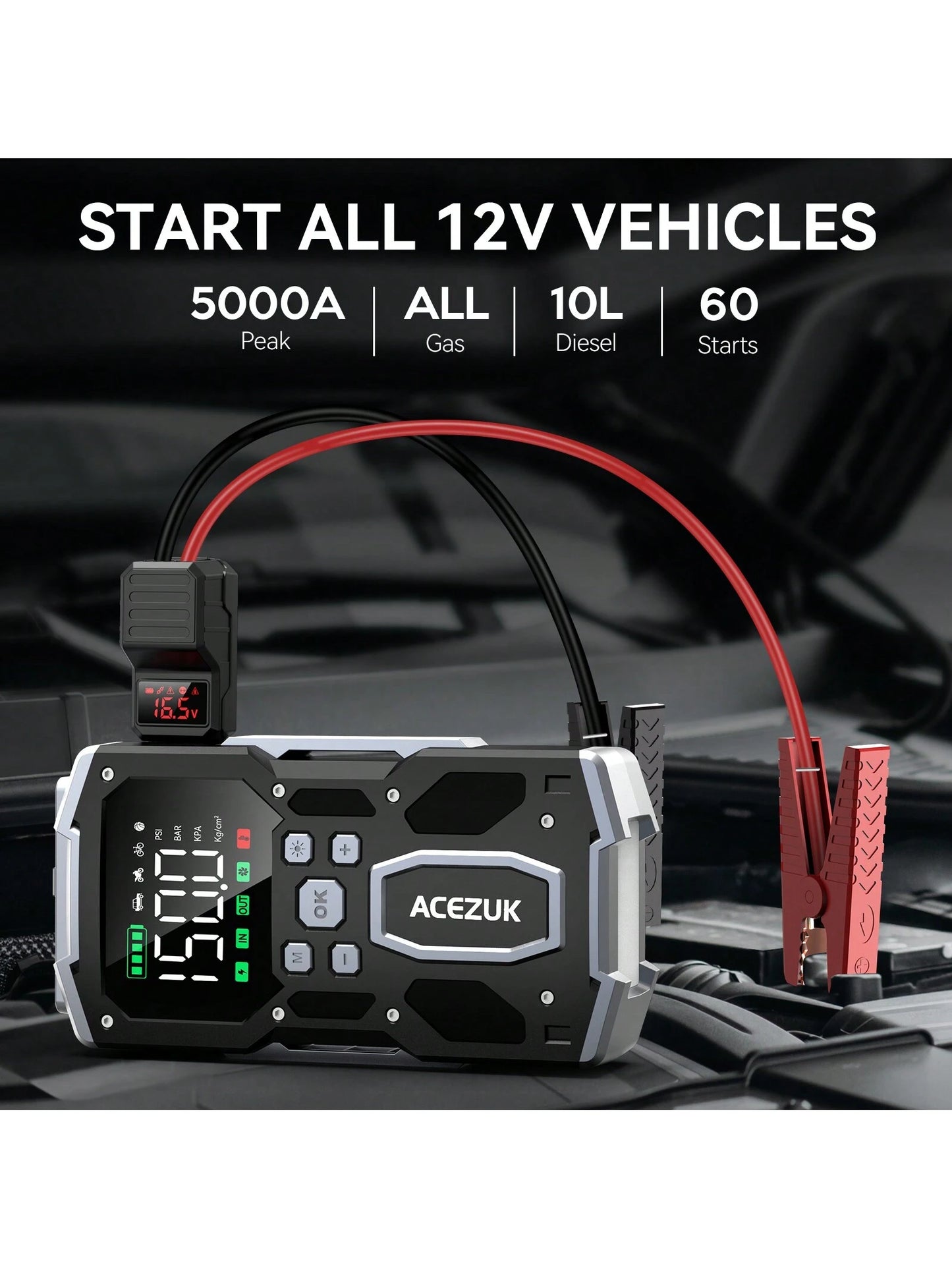 ACEZUK Portable Car Jump Starter With Air Compressor, ACEZUK 150PSI 5000A Jump Starter (All Gas/10.0L ), 12V Car Battery Jump Box Car Battery Jumper Starter With 3.4" LCD Display, 2 Lights