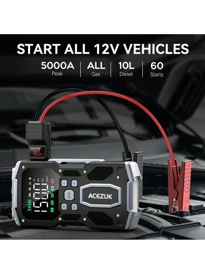 ACEZUK Portable Car Jump Starter With Air Compressor, ACEZUK 150PSI 5000A Jump Starter (All Gas/10.0L ), 12V Car Battery Jump Box Car Battery Jumper Starter With 3.4" LCD Display, 2 Lights