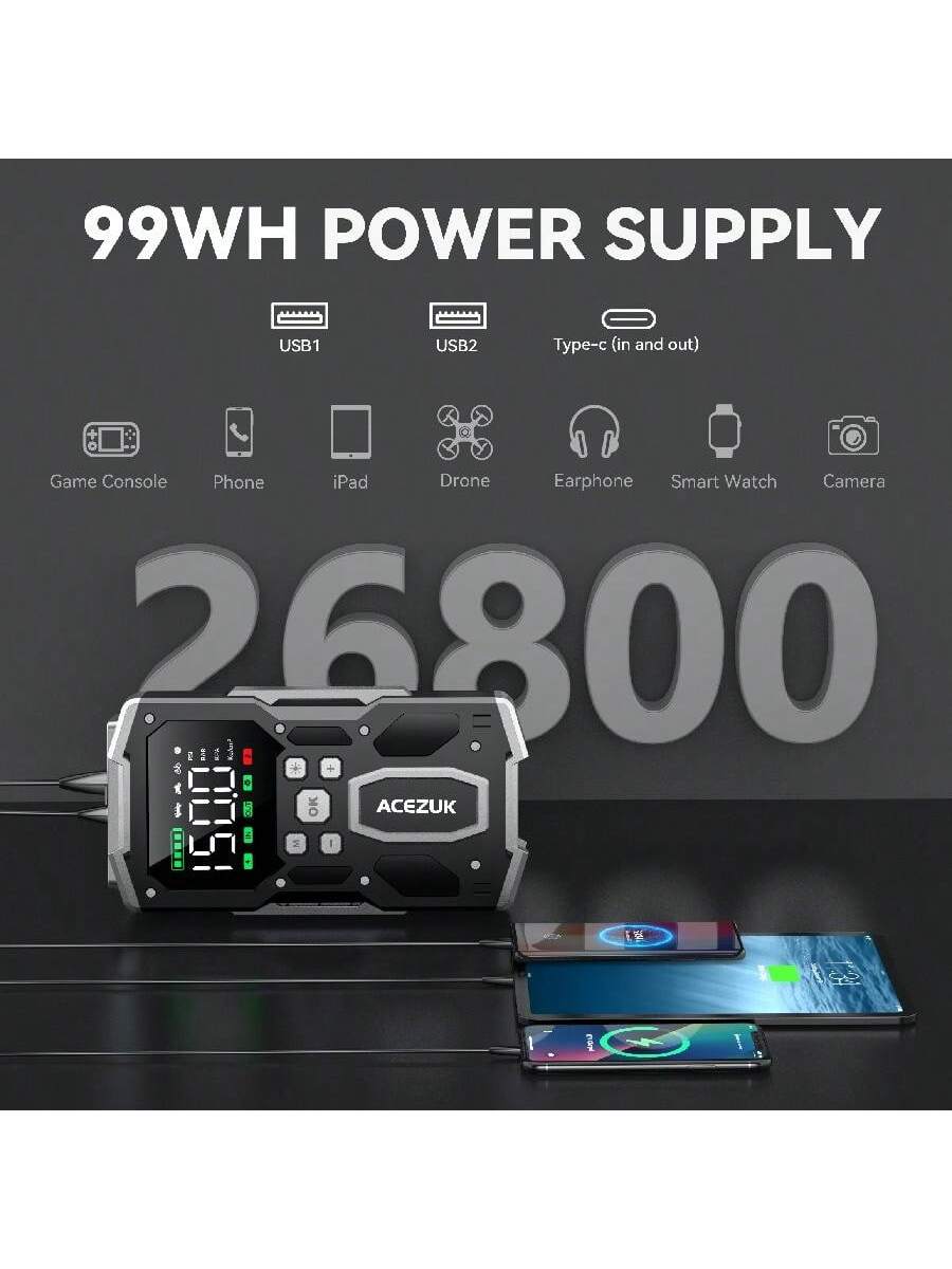 ACEZUK Portable Car Jump Starter With Air Compressor, ACEZUK 150PSI 5000A Jump Starter (All Gas/10.0L ), 12V Car Battery Jump Box Car Battery Jumper Starter With 3.4" LCD Display, 2 Lights