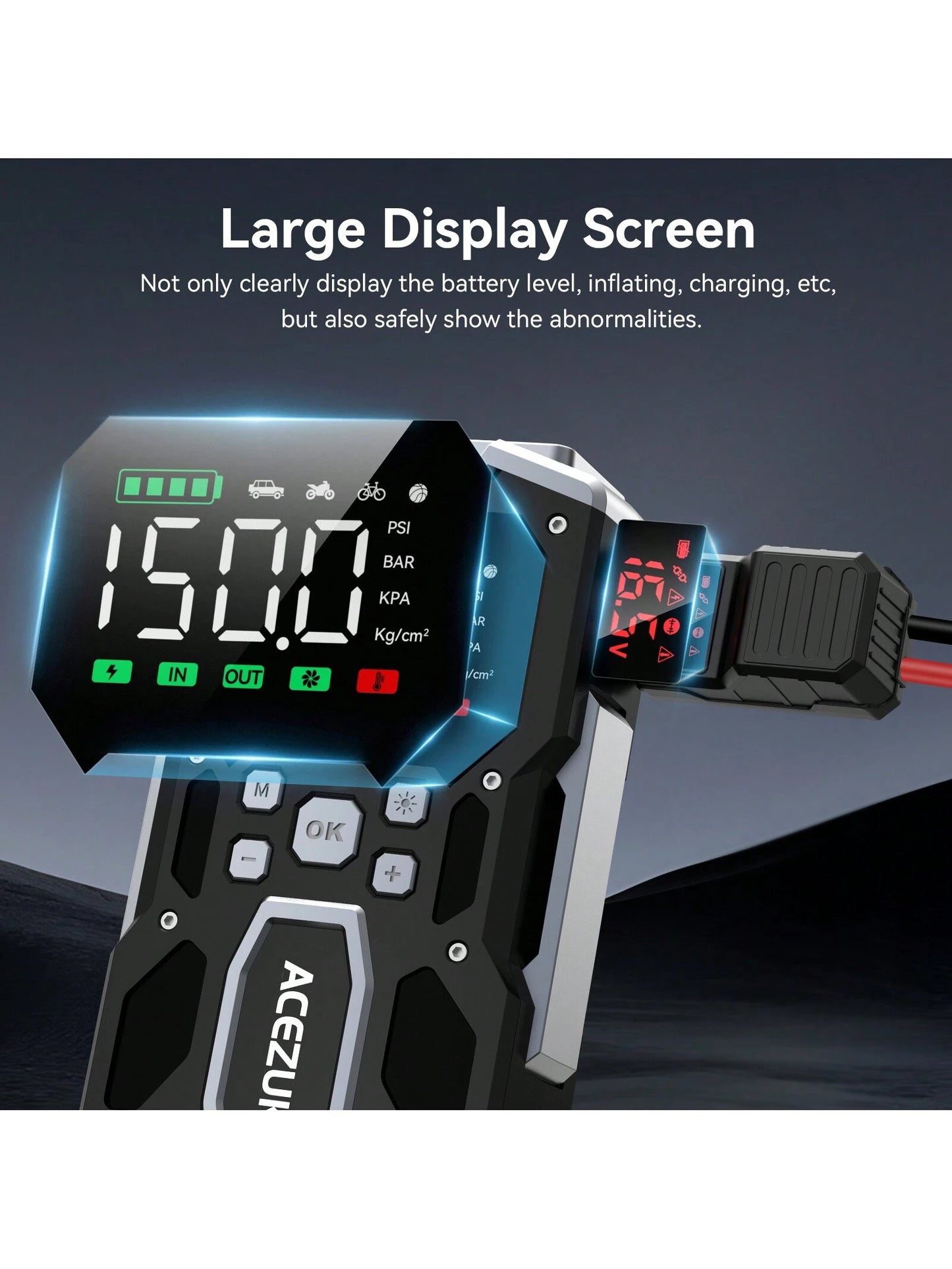ACEZUK Portable Car Jump Starter With Air Compressor, ACEZUK 150PSI 5000A Jump Starter (All Gas/10.0L ), 12V Car Battery Jump Box Car Battery Jumper Starter With 3.4" LCD Display, 2 Lights