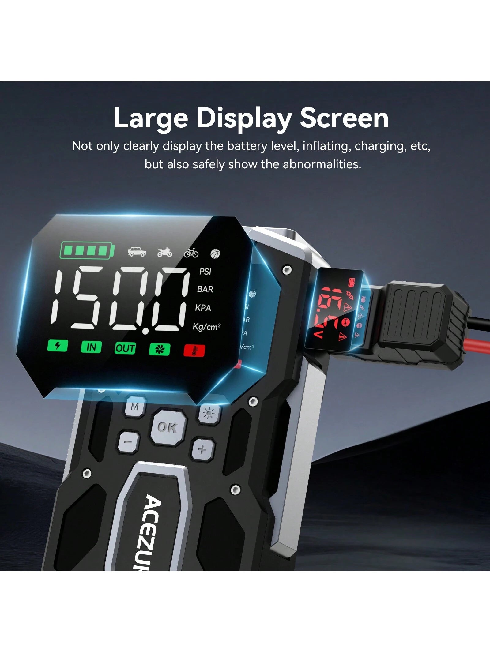 ACEZUK Portable Car Jump Starter With Air Compressor, ACEZUK 150PSI 5000A Jump Starter (All Gas/10.0L ), 12V Car Battery Jump Box Car Battery Jumper Starter With 3.4" LCD Display, 2 Lights