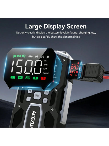 ACEZUK Portable Car Jump Starter With Air Compressor, ACEZUK 150PSI 5000A Jump Starter (All Gas/10.0L ), 12V Car Battery Jump Box Car Battery Jumper Starter With 3.4" LCD Display, 2 Lights