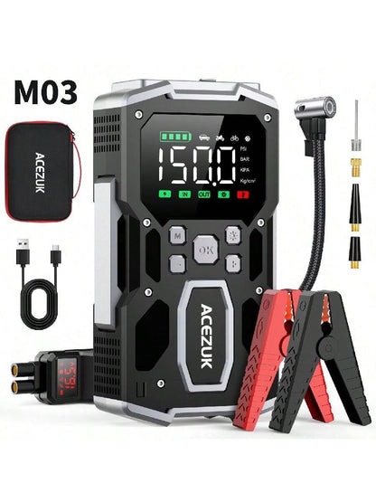 ACEZUK Portable Car Jump Starter With Air Compressor, ACEZUK 150PSI 5000A Jump Starter (All Gas/10.0L ), 12V Car Battery Jump Box Car Battery Jumper Starter With 3.4" LCD Display, 2 Lights
