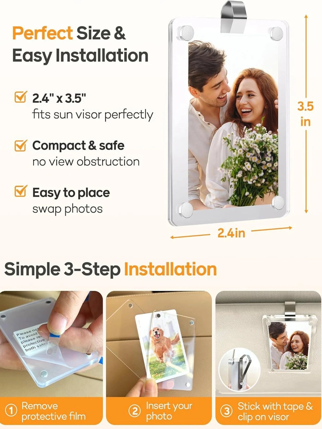Acrylic Car Sun Visor Photo Frame Clip, Transparent Magnetic 3-Inch Photo/Picture Holder, 6*9CM Refrigerator Magnet